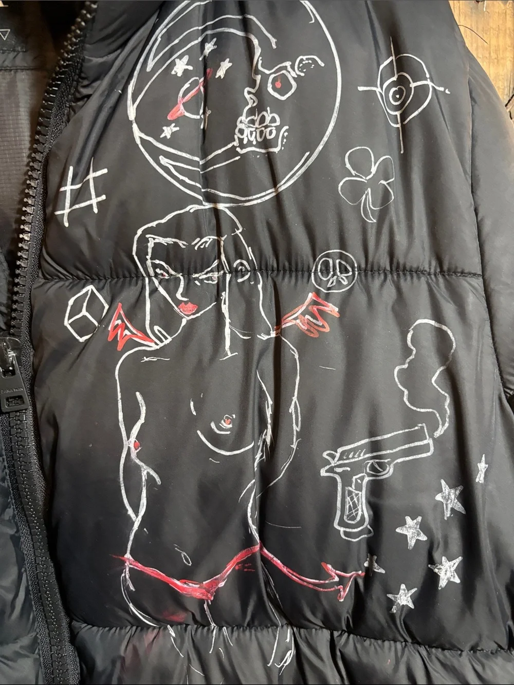 ZARA Black Puffer Jacket with White & Red Custom Painted Graphics